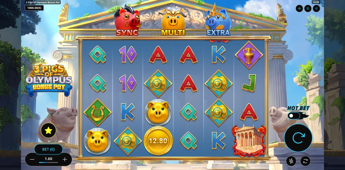 rolos de 3 Pigs of Olympus Bonus Pot com recursos SYNC, MULTI, EXTRA e modo HOT BET