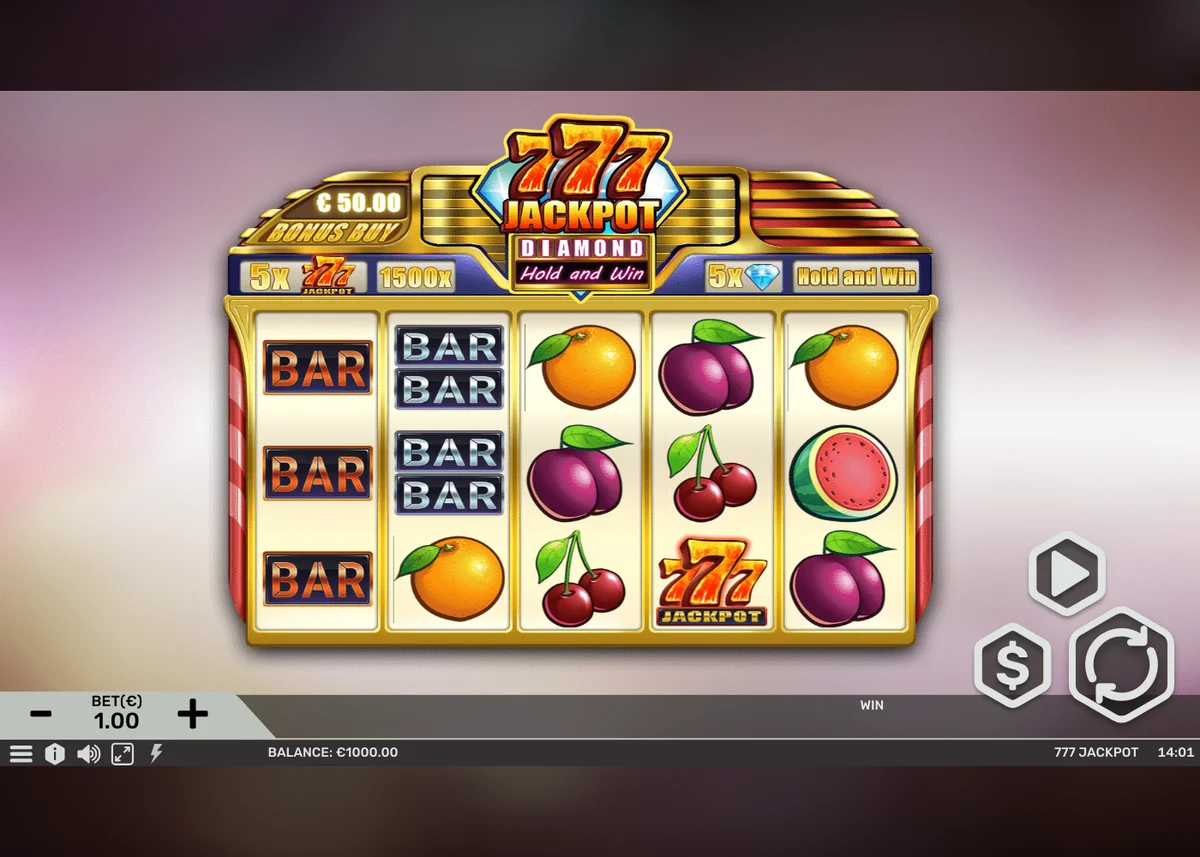 rolos com diamantes e símbolos de jackpot de 777 Jackpot Diamond Hold and Win, saldo e linhas de pagamento