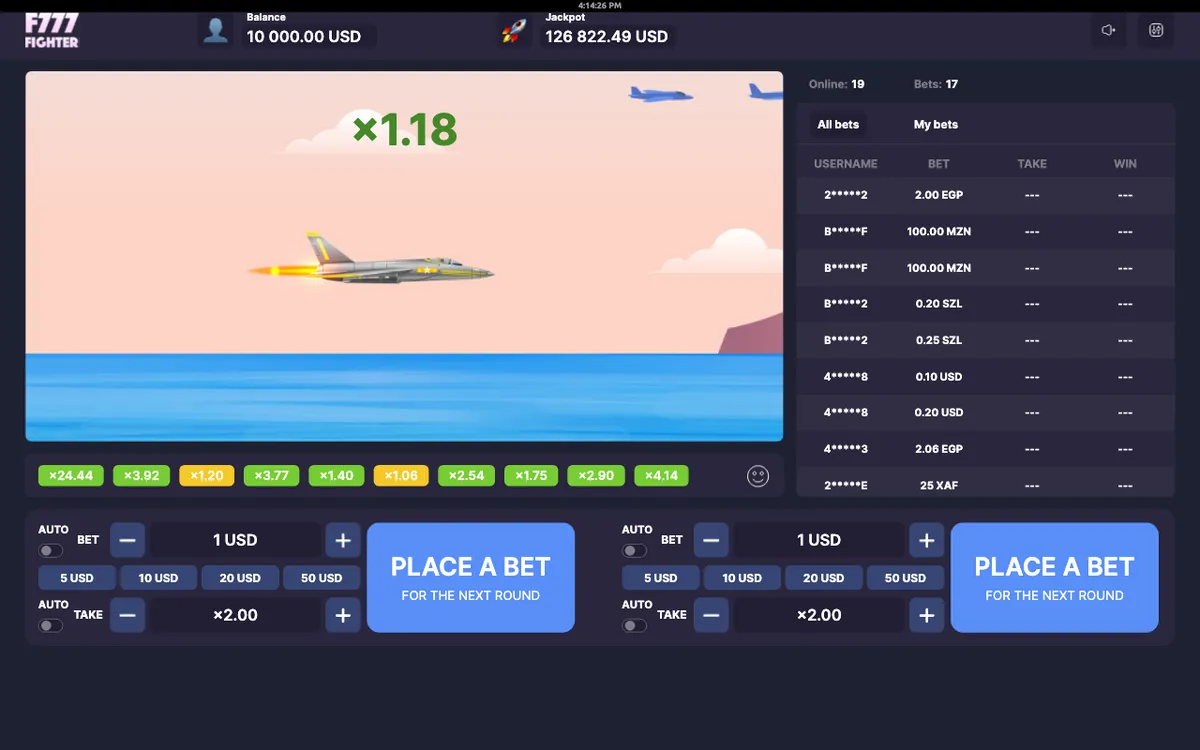 Captura do modo demo de F777 Fighter: avião de combate sobre o mar, multiplicador x1,18 e lista de apostas à direita