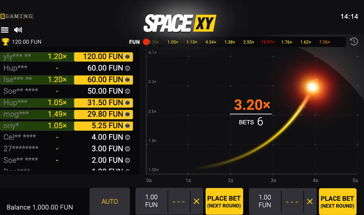 Captura do modo demo de Space XY: foguete em voo com multiplicador x3,20 e lista de apostas da rodada à esquerda