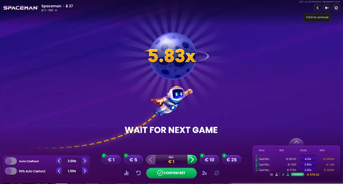 Captura do modo demo de Spaceman: astronauta subindo em direção à lua, multiplicador x5,83 e aviso para aguardar a próxima rodada